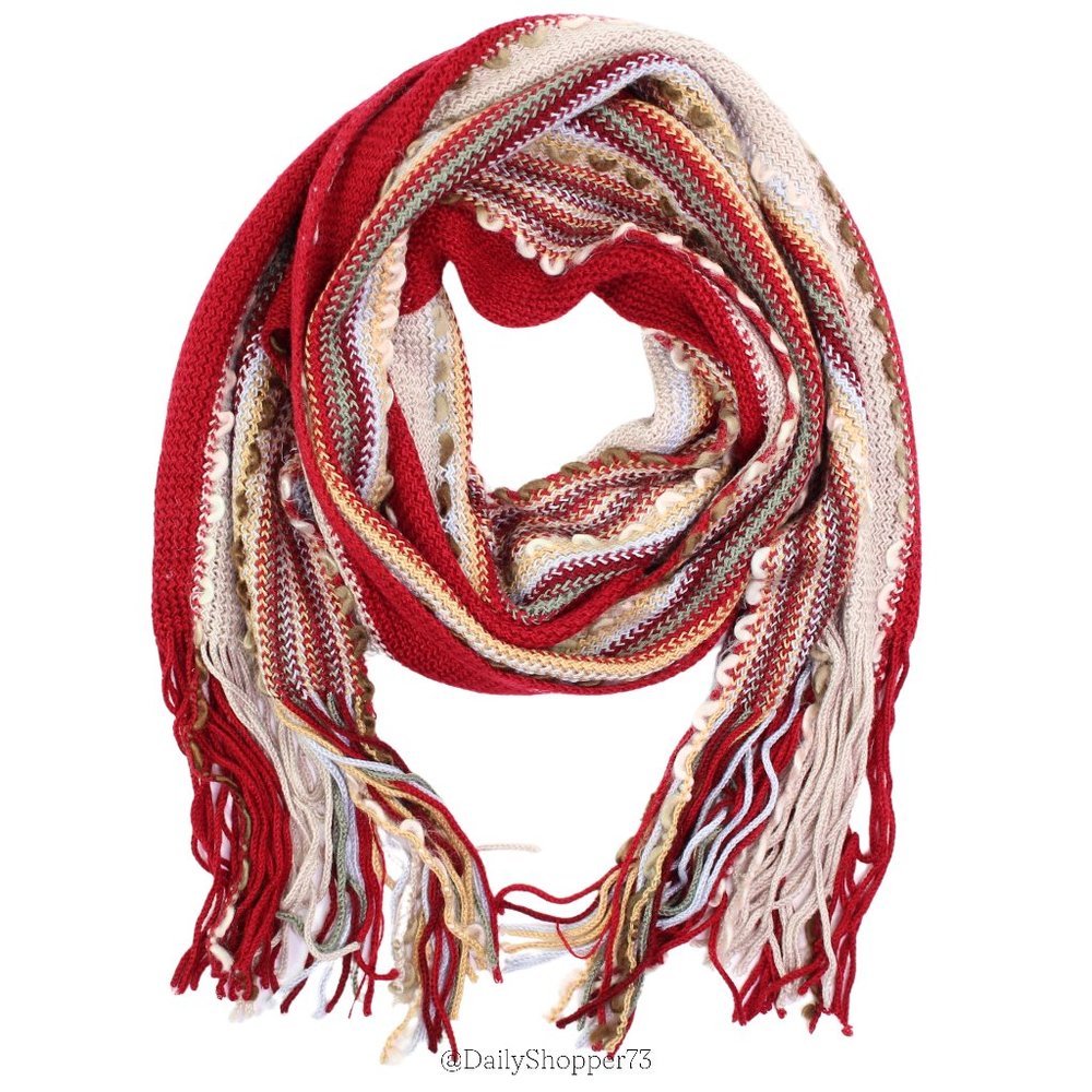 Women's Multi-Color Striped Knit Scarf with Fringe Edge